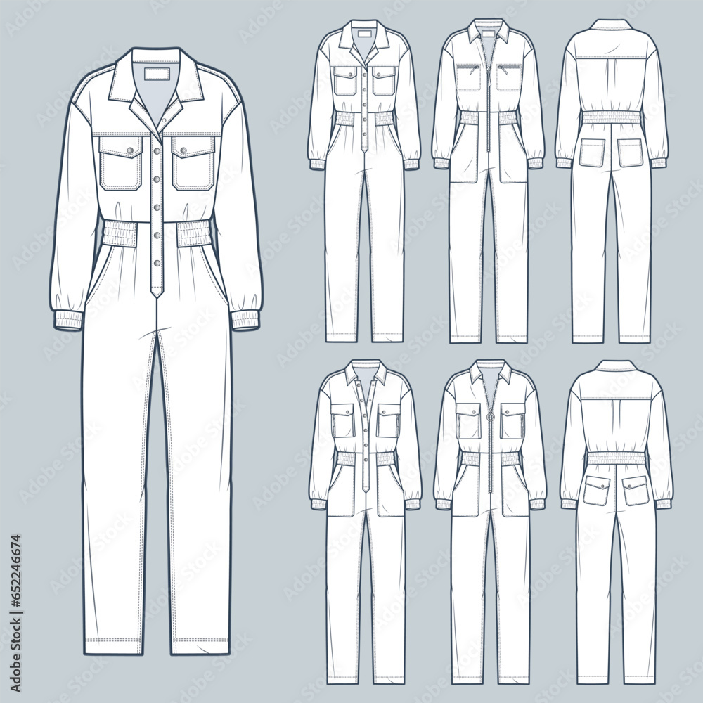 Set of Jumpsuits technical fashion Illustration. Overall, Bodysuit fashion flat technical drawing template, pocket, zip up, buttons, long sleeve, front, back view, white, women, men, unisex CAD mockup Set of Jumpsuits technical fashion Illustration. Overall, Bodysuit fashion flat technical drawing template, pocket, zip up, buttons, long sleeve, front, back view, white, women, men, unisex CAD mockup