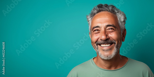 Studio portrait of smiling and friendly middle aged man with gray hair and beard, colorful aqua blue t shirt and background