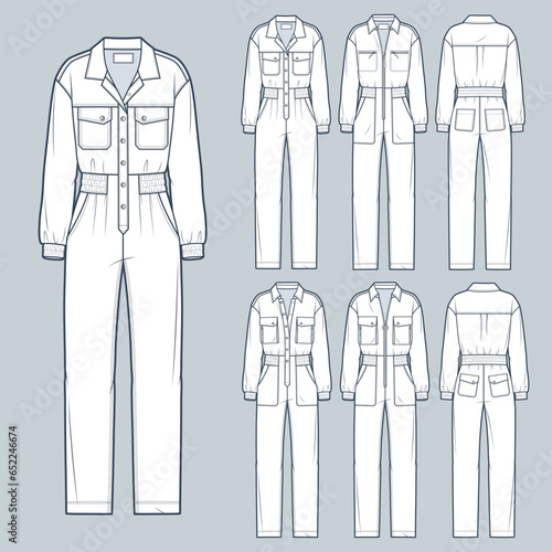 Set of Jumpsuits technical fashion Illustration. Overall, Bodysuit fashion flat technical drawing template, pocket, zip up, buttons, long sleeve, front, back view, white, women, men, unisex CAD mockup