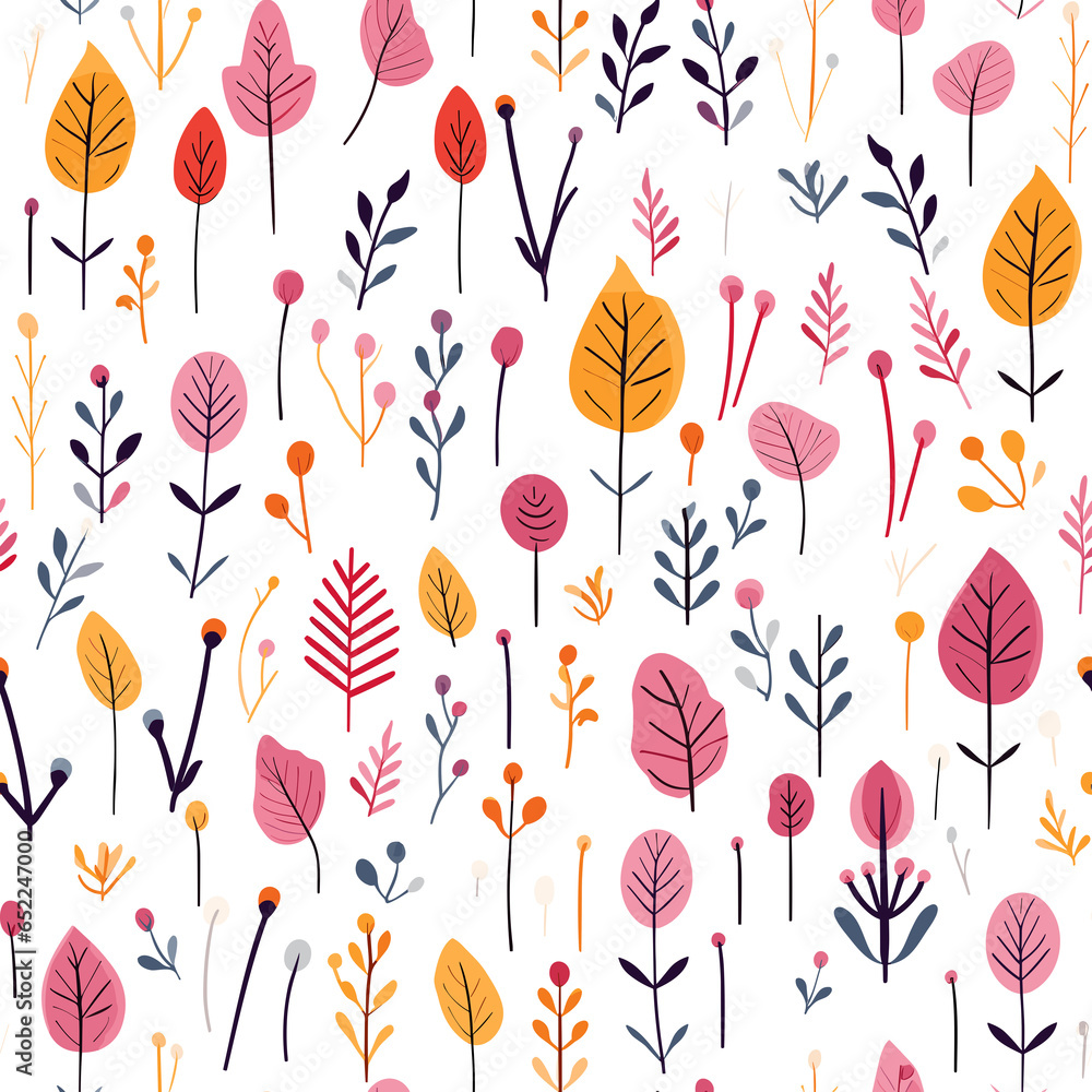 Fototapeta premium Seamless pattern with leaves and wildflowers on a white background