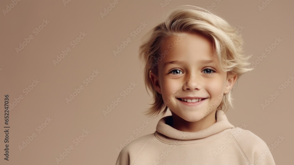 A blond-haired boy's radiant smile stands out against a calming beige canvas. A blond-haired boy's radiant smile stands out against a calming beige canvas.