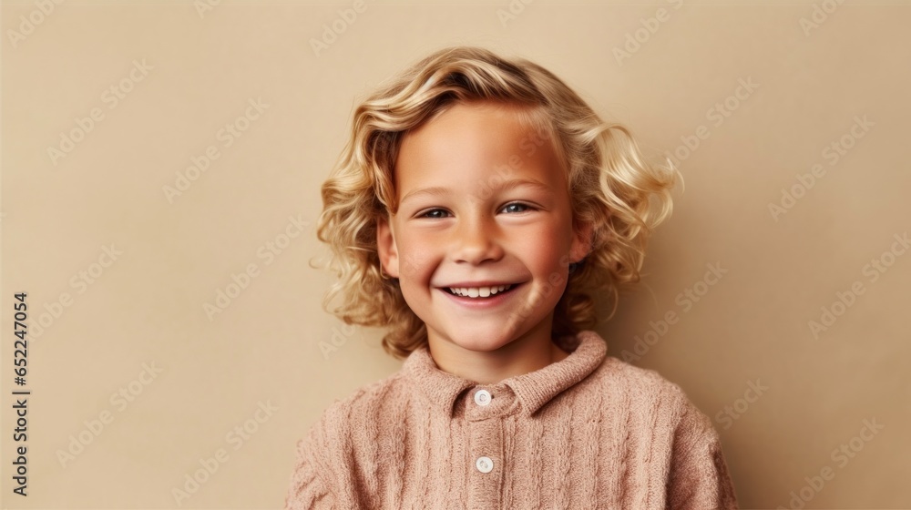 A blond boy beams with joy against a neutral backdrop. A blond boy beams with joy against a neutral backdrop.