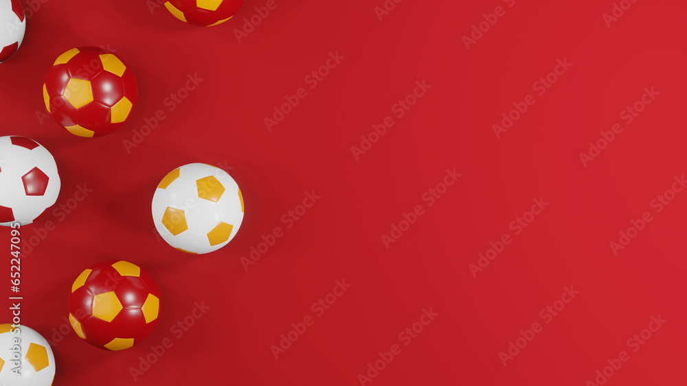 Spanish Football Tribute: 3D Red and Yellow Soccer Balls Set Against a Powerful Red Backdrop Spanish Football Tribute: 3D Red and Yellow Soccer Balls Set Against a Powerful Red Backdrop
