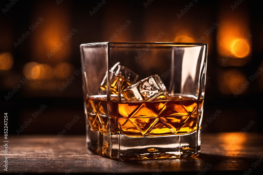 Whiskey im Glas mit Eiswürfeln und tollem Ambiente im Hintergrund.