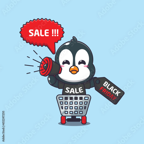 cute penguin in shopping cart is promoting black friday sale with megaphone cartoon vector illustration