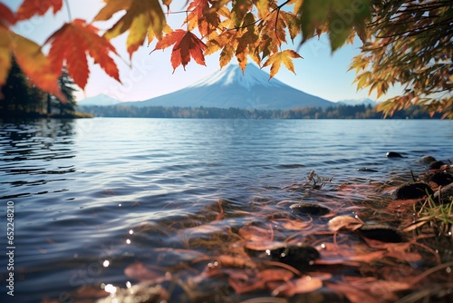 Beautiful landscape of mountain with maple leaf around lake in autumn season.
