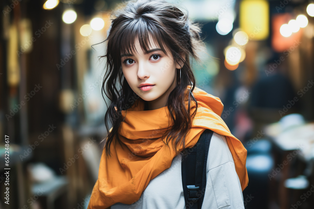 Vibrant outdoor image of a stylish, young Asian girl in an orange scarf, radiating individuality and modern spirit. Emotive, captivating uniqueness.