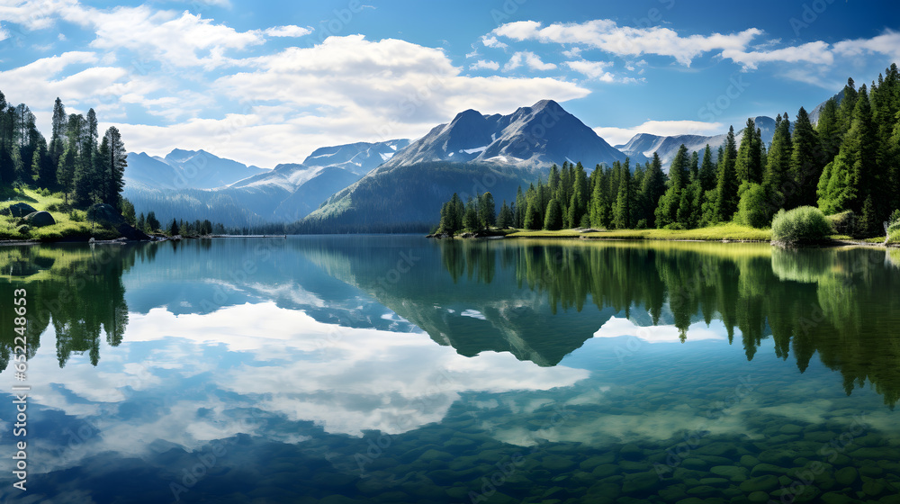 Delight in the serenity of mountain lake reflections. This photograph captures a tranquil scene where the mountains are mirrored in crystal-clear waters, creating a captivating visual masterpiece.
