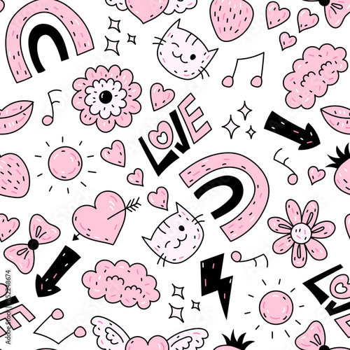 Y2k Comic doodle seamless pattern. Y2k girlish pink vector seamless background with hand drawn abstract elements, love, hearts, rainbow, cat, music stickers, badges. 