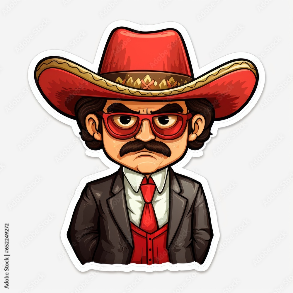 A sticker of a man wearing a hat and glasses. Digital art.