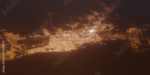 Street lights map of Jeddah (Saudi Arabia) with tilt-shift effect, view from west. Imitation of macro shot with blurred background. 3d render, selective focus