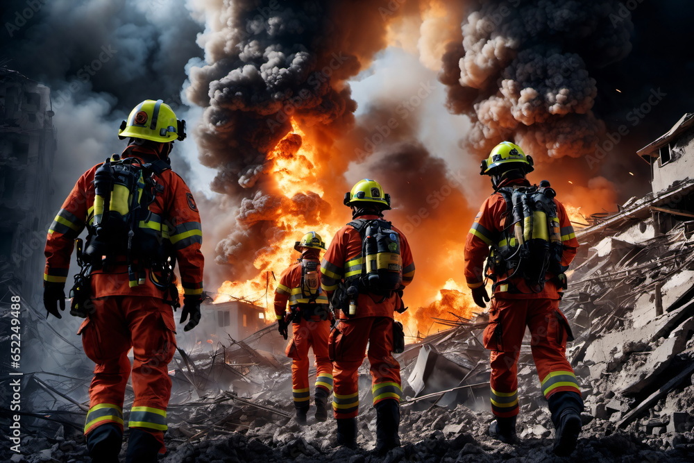Photorealistische Illustration einer fiktiven Rettungsmanschaft beim Einsatz im Umfeld einer Explosion. - obrazy, fototapety, plakaty 
