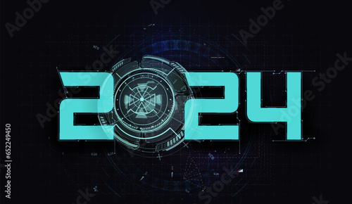 Happy New Year 2024 celebration on futuristic technology background. Digital data visualization. Business technology concept. Vector illustration