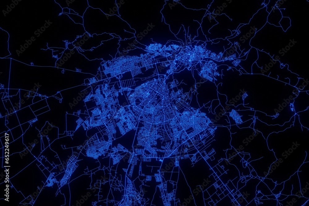 Street map of Fez (Morocco) made with blue illumination and glow effect. Top view on roads network - obrazy, fototapety, plakaty 