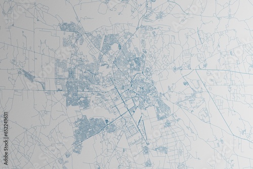 Map of the streets of Marrakesh (Morocco) made with blue lines on white paper. 3d render, illustration
