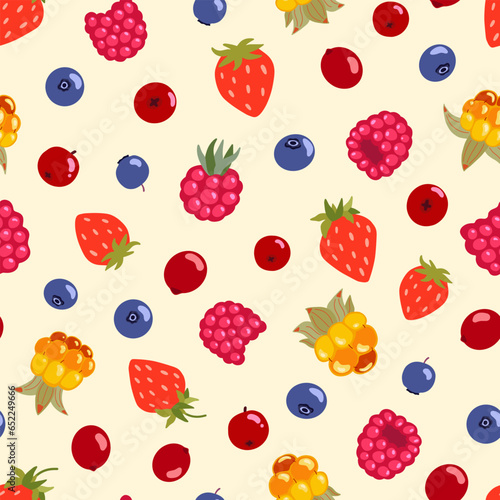Northern berries seamless pattern. Lingonberry, cranberry, bilberry, cloudberry, raspberry and wild strawberry vector repeated background. Summer forest berries illustration for food package, textile