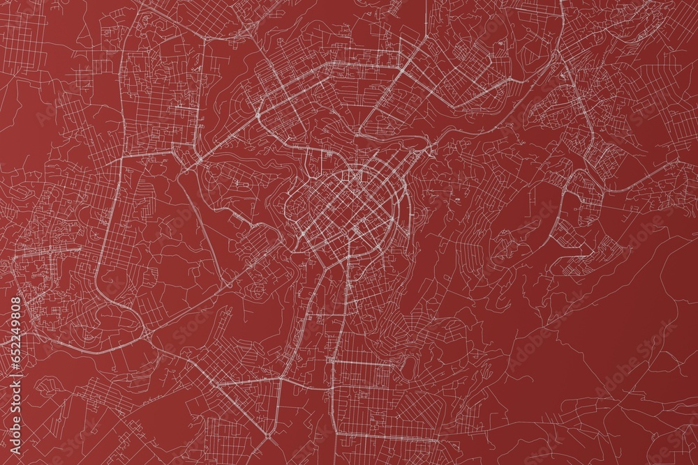 Map of the streets of Yerevan (Armenia) made with white lines on red background. Top view. 3d render, illustration - obrazy, fototapety, plakaty 