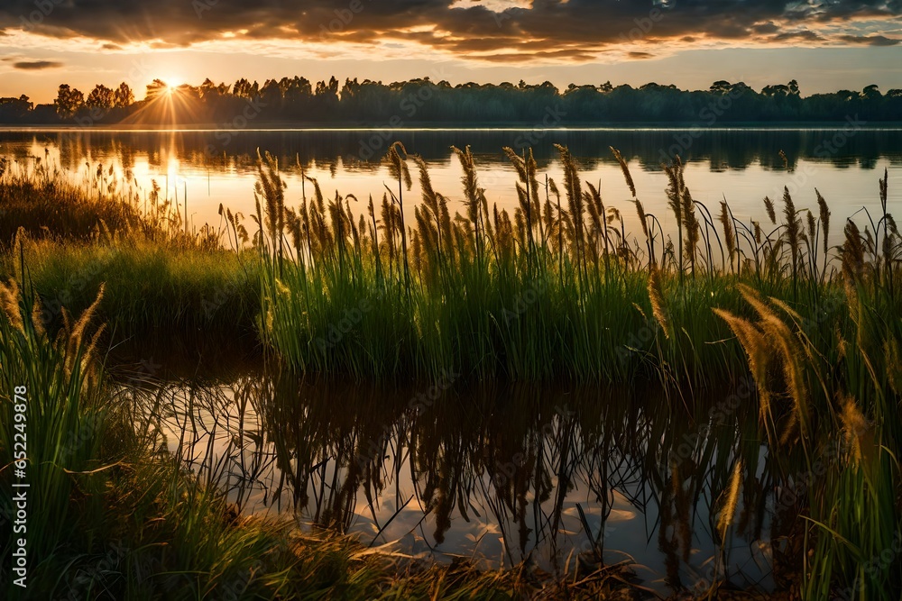 Grass on the shore of the lake at sunset. Abstract background