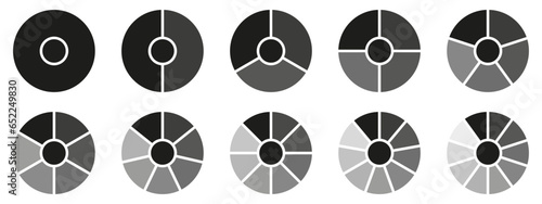 Circles divided diagram 3, 10, 7, graph icon pie shape section chart. Segment circle round vector 6, 9 devide