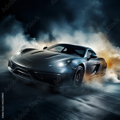 luxury sport sedan on night road with smoke  generative ai