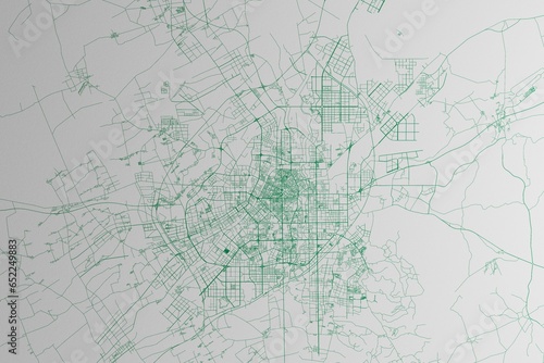 Map of the streets of Changchun (China) made with green lines on white paper. 3d render, illustration