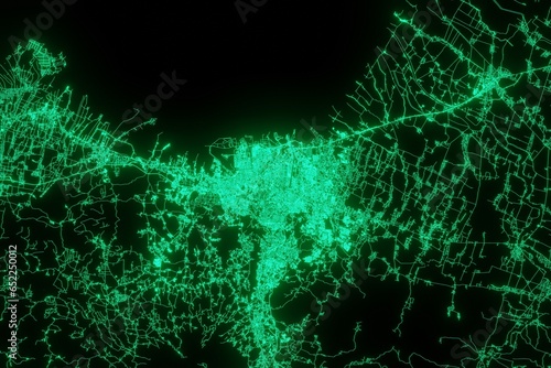 Map of the streets of Semarang (Indonesia) made with green illumination and glow effect. Top view on roads network. 3d render, illustration