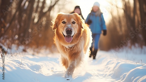 dog playing in snow with blur background