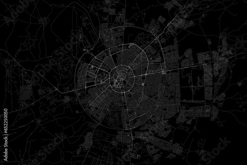 Stylized map of the streets of Erbil (Iraq) made with white lines on black background. Top view. 3d render, illustration