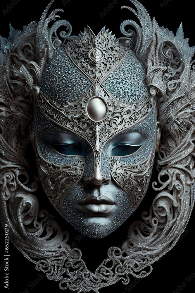 a highly detailed photograph of a holographic silver mask covered in diamonds inspired by ancient masks 