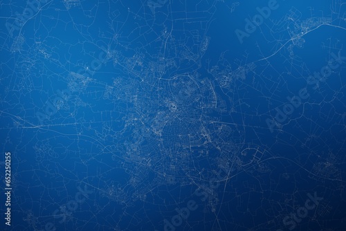 Stylized map of the streets of Odense (Denmark) made with white lines on abstract blue background lit by two lights. Top view. 3d render, illustration
