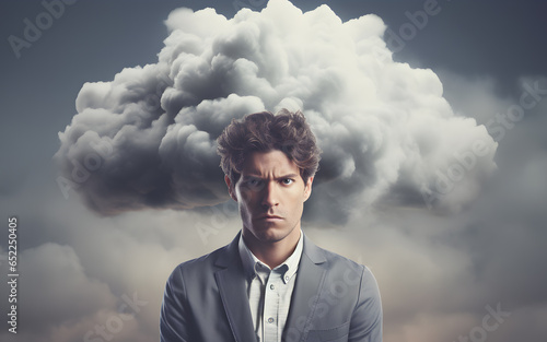 A Mental health, Depression and Disappointment, Concept of a man with a dark cloud over his head, A failed businessman is angry and upset, Generative AI Illustration photo