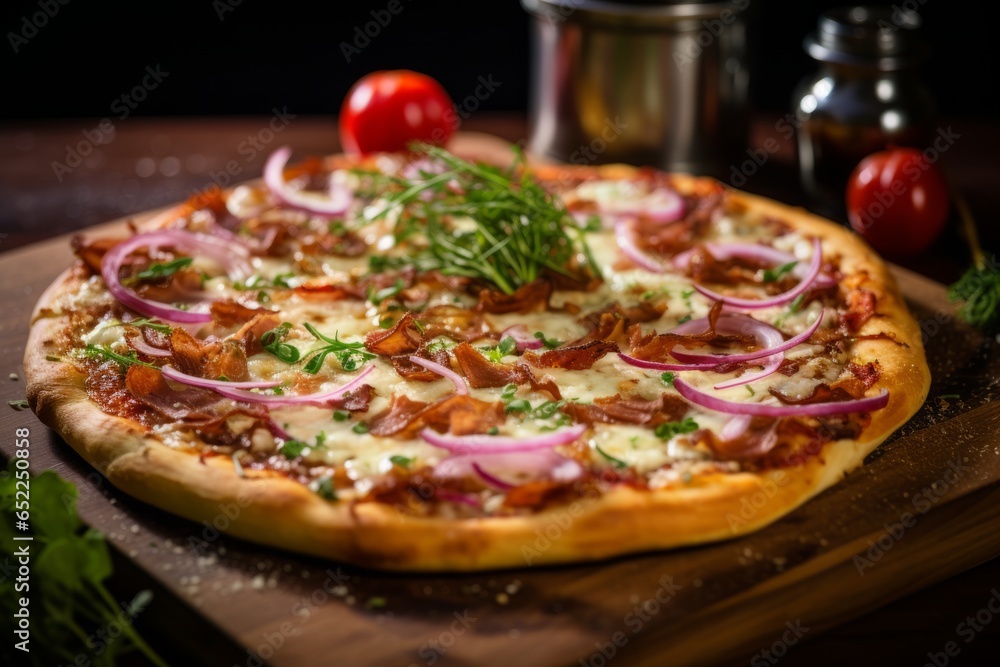 Savory Delight: A Close-Up of Flammkuchen, a Traditional German Pizza with Crispy Thin Crust and Tantalizing Toppings