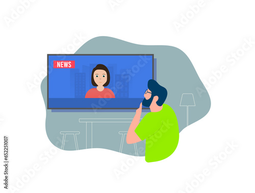 Lonely bearded man with glasses thoughtfully watches breaking live tv news. Kitchen interior. Spending time, rest, recreation with live news watching. Vector illustration isolated on white background