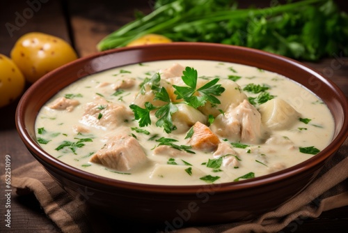 Captivating Close-Up of a Mouthwatering Hühnerfrikassee, a Creamy Chicken Stew Bursting with Flavor
