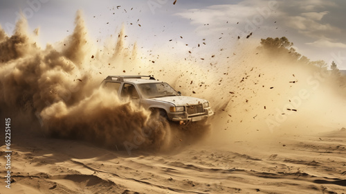 An SUV is driving through the desert sands with large dust clouds behind it.