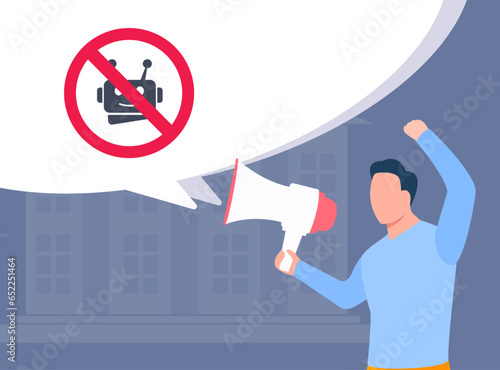 Man shouts negative slogans into megaphone aimed at anti artificial intelligence agenda. Fear of losing job to AI. Problems with job loss due to rapidly developing AI. Vector illustration with icons.