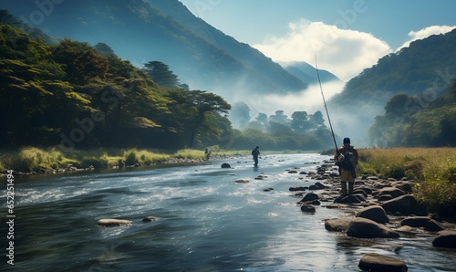 Japanese people fishing in the river, ai generative