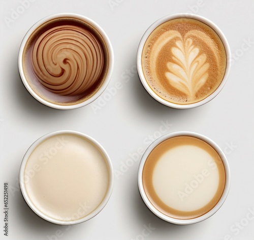 Four different types of coffee in white cups