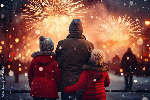 close up of father and kids with fireworks over winter street. Celebration concept. ai generatice