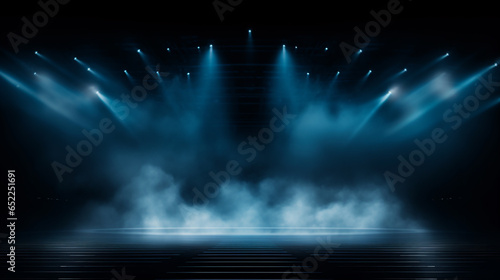 Illuminated stage with scenic lights and smoke. Blue spotlight with smoke volume light effect on black background. ai generative