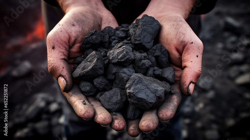hands holding a handful of coal. ai generative