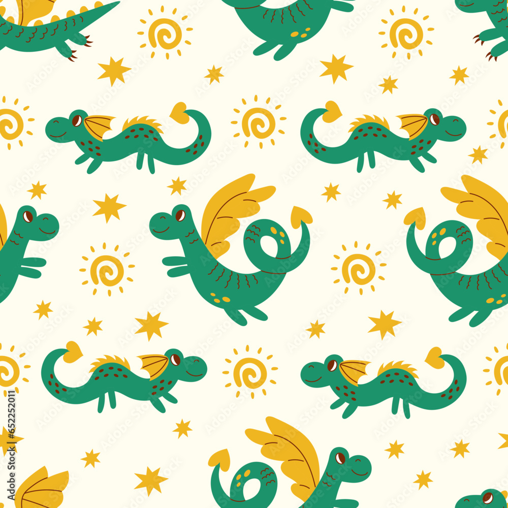 Fototapeta premium Green dragon and sun seamless pattern. Adorable childish seamless background with hand drawn fantastic animal and stars. Vector illustration