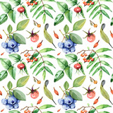 Set of seamless watercolor patterns with blueberry, rose hip, rowan, berries, oak and aspen  leaves.