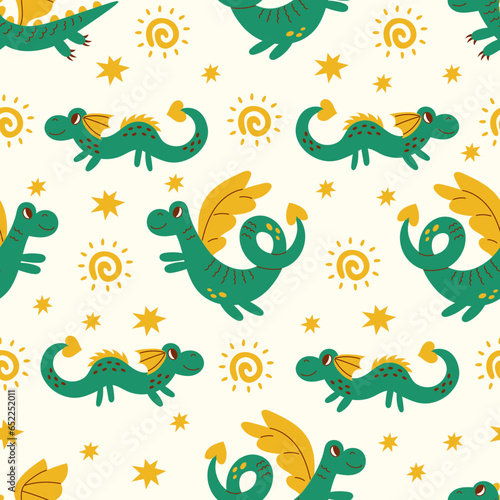 Green dragon and sun seamless pattern. Adorable childish seamless background with hand drawn fantastic animal and stars. Vector illustration