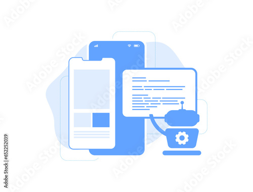 AI tools for mobile app development concept. Built generative AI-Coding Assistant mobile app. AI code writing vector isolated illustration on white background with icons