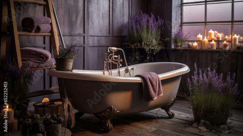 Hygge Interiors  A bathroom setting  with a clawfoot tub set against a backdrop of wooden panels. The tub is surrounded by candles  dried lavender  and soft towels.