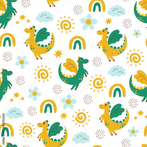 Childish seamless pattern with cute dragons. Adorable cartoon background with fairytale animal  clouds  rainbow and sun. Repeat vector illustration for kids