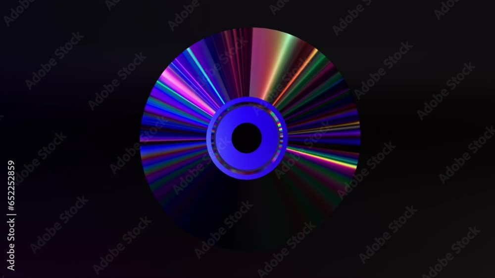 Abstract concept. CD DVD disc on a black isolated background. Neon blue purple color. Rainbow. 3D animation