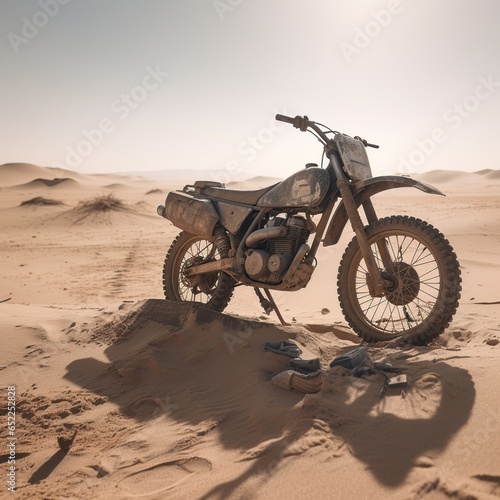 Old motorcycle in the desert of Dubai Desert. Vintage style.