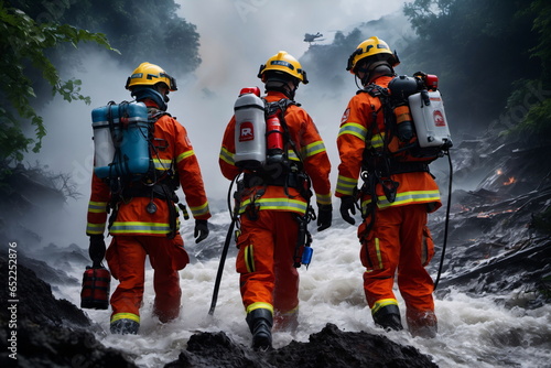 Photorealistische Illustration einer fiktiven Rettungsmanschaft beim Einsatz im Hochwasser Katastrophengebiet. photo
